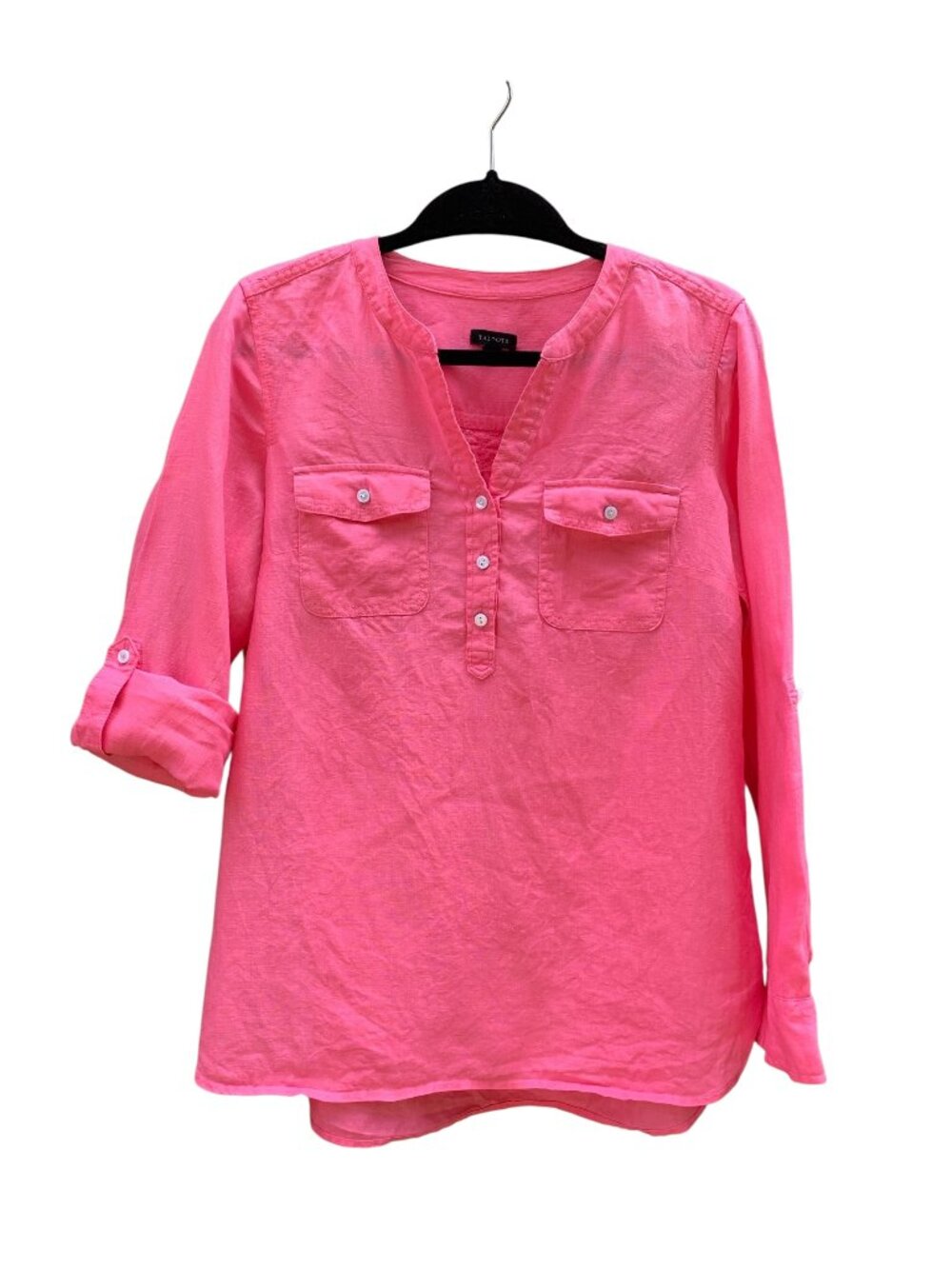 Talbots Hot Pink Linen Long/Short Sleeve Collarless V-neck Top Size Small